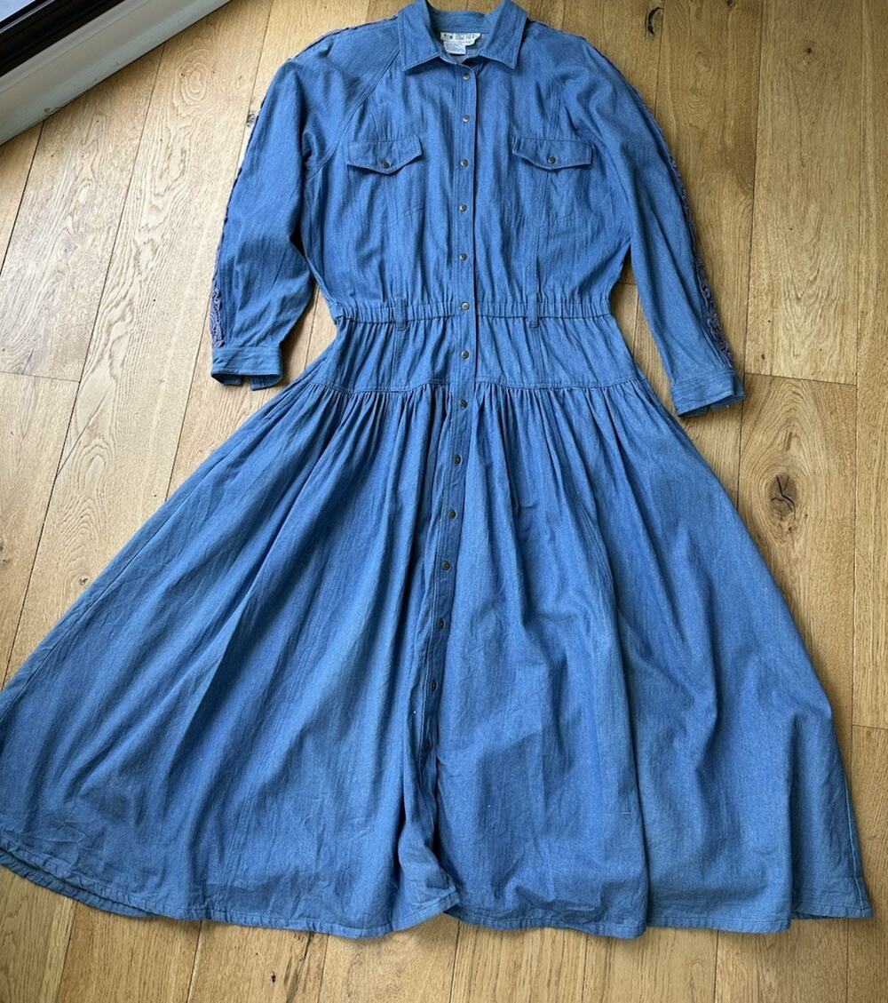80s Vtg Denim Long Dress W/ Shoulder Pad Button Blue Fit Flare Size 14 Missy